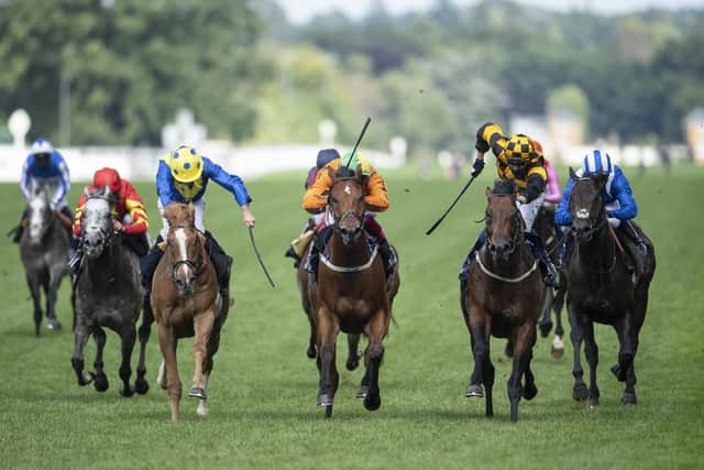 Hello Youmzain ridden by Kevin Stott (second right) proved tough to past in the Diamond Jubilee Stakes at Royal Ascot.