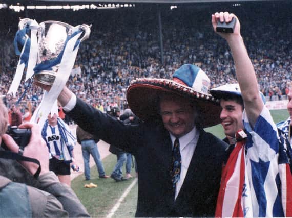 WINNERS: Sheffield Wednesday lifted the famous three-handled trophy in 1991, with Ron Atkinson (left) managing a side featuring John Harkes
