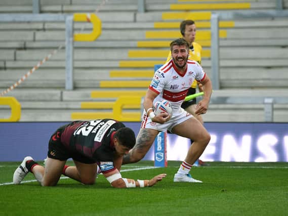 Hull KR's Greg Minkin goes on his way to his hat-trick. (PIC: Jonathan Gawthorpe)