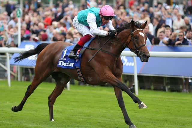 This is Enable winning the 2019 Yorkshire Oaks under Frankie Dettori.