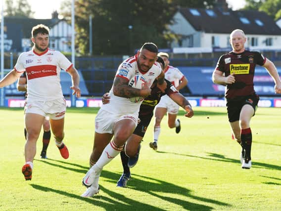 Hull KR's Elliot Minchella goes in for his first try (PIC: JONATHAN GAWTHORPE)
