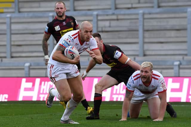 Hull KR's Dean Hadley scores after another assist from Jordan Abdull (PIC: JONATHAN GAWTHORPE)