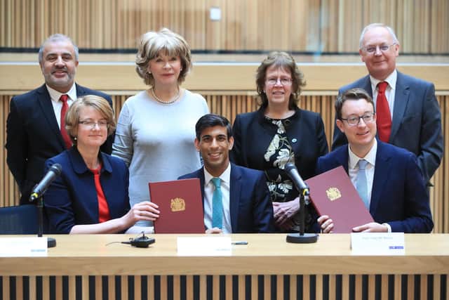 West Yorkshire's leaders with Chancellor Rishi Sunak and Simon Clarke, the Local Government Minister, when the area's devolution deal was signed.
