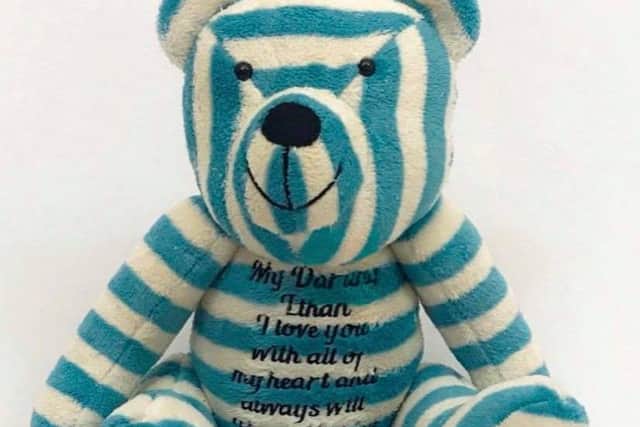 A bear made by Tarah Finlay for Sky Sports presenter Simon Thomas, who tragically lost his wife Gemma in 2017.