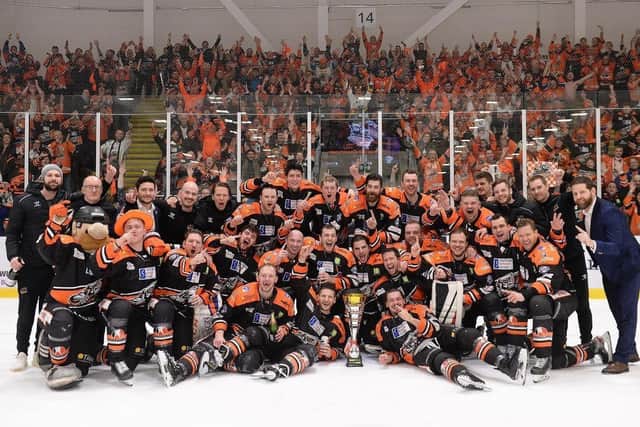 Aaron Fox, far right, steered the Steelers to their first Challenge Cup triumph in 17 years when beating Cardiff Devils 4-3 in South Wales in early March. Picture courtesy of EIHL.
