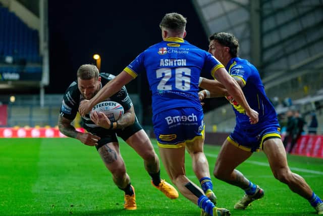 Hull FC's Josh Griffin goes over for his side's first try. (PIC: BRUCE ROLLINSON)