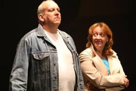 The playwright on stage alongside his wife Jane Thornton in Shafted!