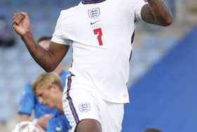 Cool head: England's Raheem Sterling celebrates after scoring the winning penalty.