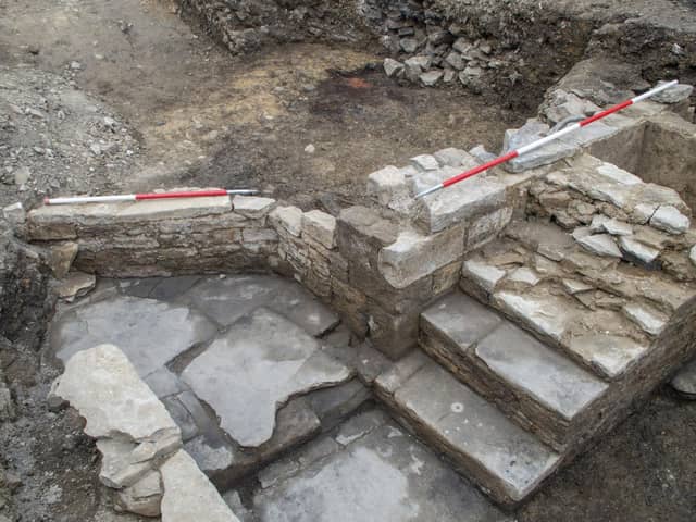 The excavated walls and staircase at Sheffield Castle. Photo: Wessex Archaeology/PA Wire