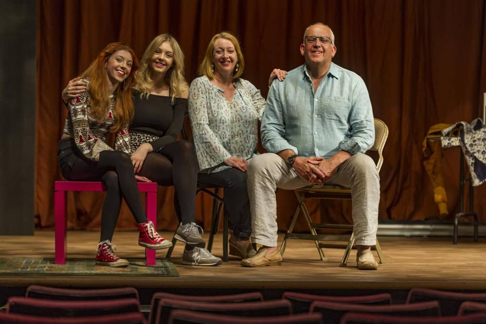 John Godber with his wife Jane and their daughters Elizabeth, (left) and Martha, at East Riding Theatre, Beverley, during rehearsals for The Empty Nester's Club in 2016. Picture James Hardisty.