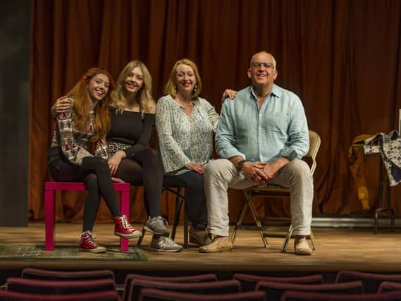 John Godber with his wife Jane and their daughters Elizabeth, (left) and Martha, at East Riding Theatre, Beverley, during rehearsals for The Empty Nester's Club in 2016. Picture James Hardisty.