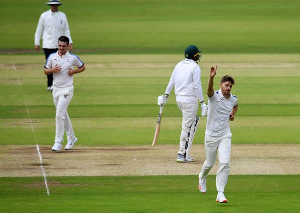 Yorkshire's Ben Coad celebrates taking the wicket of Leicestershire's Rishi Patel.  Pictures: Jonathan Gawthorpe