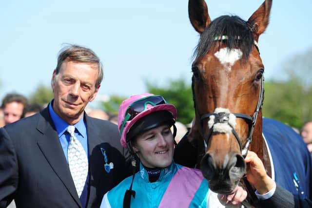 Sir Henry Cecil, Tom Queally and Frankel after the 2011 renewal of the 2000 Guineas became a one-horse race.
