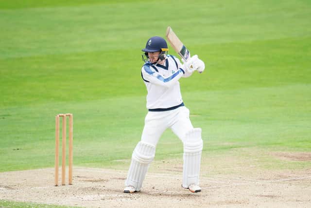 Yorkshire's Jonathan Tattersall hits out through the covers against Leicestershire. Picture by Allan McKenzie/SWpix.com