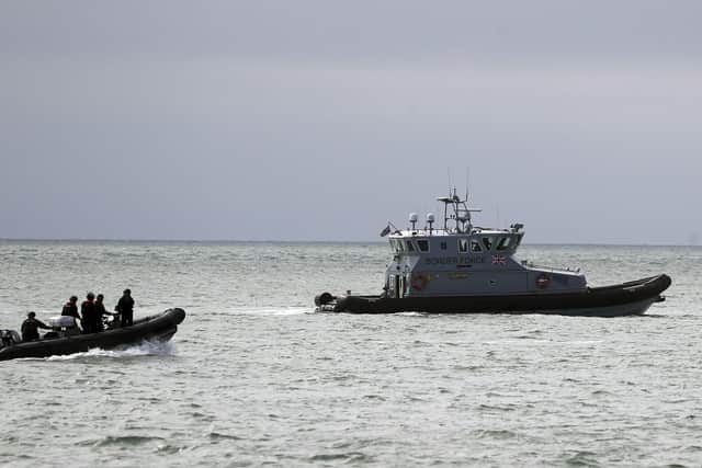 Border Force officers take part in a training exercise in the North Sea near Dover, Kent.