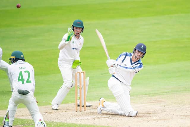 Yorkshire's Jordan Thompson lofts a 4 from the bowling of Leicestershire's Aaron Lilley.