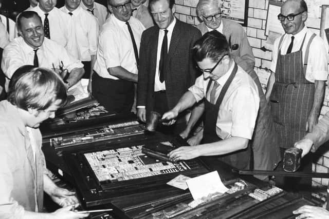26th September 1970 - The last page to be made in the old biuilding in Albion Street, Leeds, is hammered down, to the traditional 'Jerry' from the caseroom staff.
