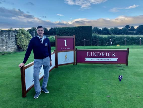 Yorkshire Challenge resident starter Dave Hall on the first tee at Lindrick on day one of the 2020 event.