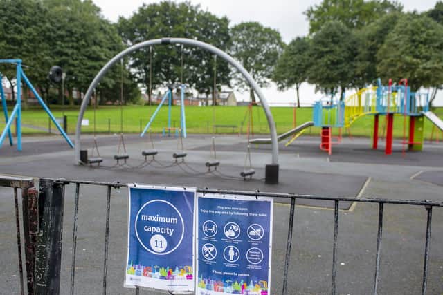 Safety precautions at a playground in Bramley, Leeds, which has reopened.