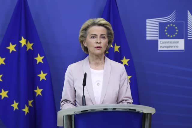 European Commission President Ursula von der Leyen speaks during a press statement at EU headquarters in Brussels earlier this week.