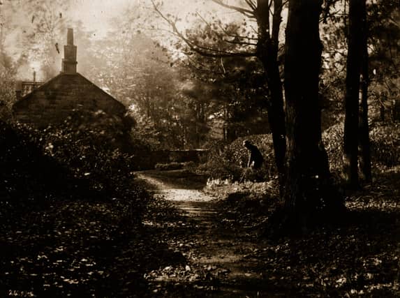 An albumen print of a man tending his cottage garden in an idyllic wooded glade. Original Artwork: From a series 'Views Around Whitby And Eskdale, North Yorkshire'. (Photo by Frank Meadow Sutcliffe/Getty Images)