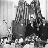 17th April 1929:  American business man and founder of the Ryder Cup Samuel Ryder (centre) with American team captain Walter Hagen (1892 - 1969) (left) and British team captain George Duncan at a dinner function to launch the 1929 Ryder Cup at Moortown, Yorkshire.  (Photo by H. F. Davis/Topical Press Agency/Getty Images)