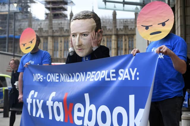A Mark Zuckerberg figure at a Facebook protest in London in 2018