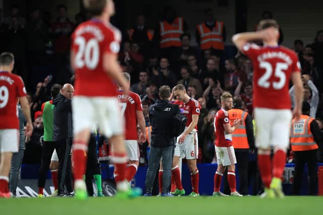 Middlesbrough players look dejected after being relegated during the Premier League match at Stamford Bridge, London, in 2017. Pic: PA