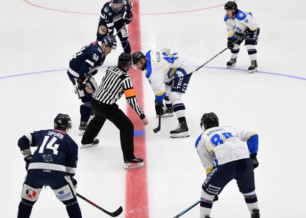 FACE-OFF: Leeds Chiefs and Sheffield Steeldogs face-off against each other for the first-ever game at Elland Road Ice Arena. Picture: Jonathan Gawthorpe.