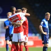 TIMELY: Rotherham United's Michael Ihiekwe (centre left) celebrates scoring his side's late winner at Adams Park. Picture: Adam Davy/PA
