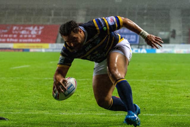 Comeback's on: Konrad Hurrell scores the Rhinos' first try.
Picture Bruce Rollinson