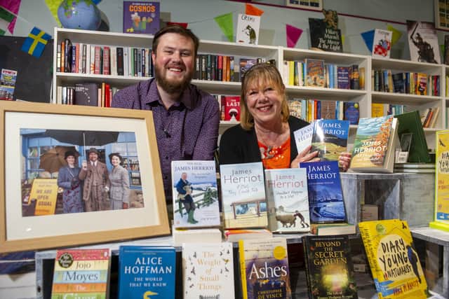Mother and son owners Linda Furniss and James Firth at The Stripey Badger bookshop in Grassington, which is seeing an upturn in visitors after being used as part of the set for the new series of All Creatures Great and Small.  Picture Tony Johnson
