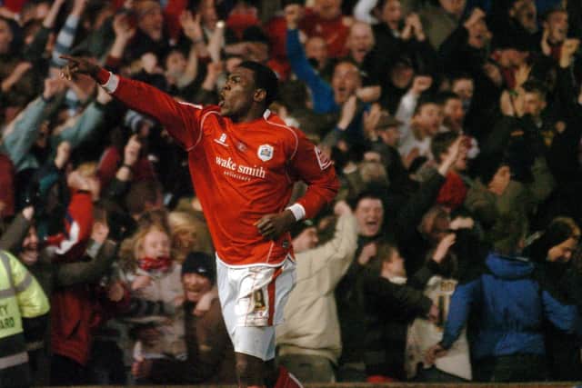Barnsley striker Kayode Odejayi celebrates his winning goal for Barnsley against Chelsea in the FA Cup quarter-final in March 2008 (Picture: Simon Hulme)