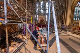 Specialist organ builders Harrison and Harrison returned some of the recently restored case pipes along with the more decorative pipes, dating from the 1800s, to the York Minster's Grand Organ. 
Picture James Hardisty.