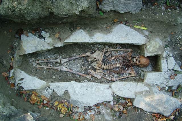 Photo issued by Vastergotlands Museum of a female skeleton named Kata found at a Viking burial site in Varnhem, Sweden. Researchers say the results of a six-year project debunk the modern image of vikings as brutal predators who travelled by sea from Scandinavia to pillage and raid their way across Europe and beyond. Vastergotlands Museum/PA Wire