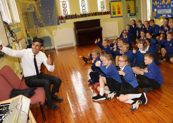 Chancellor of the Exchequer Rishi Sunak during a a QandA with pupils with pupils from the Pickhill Church of England Primary School near Thirsk, North Yorkshire, while on a visit to his Richmond constituency. Photo: Ian Lamming