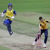 Durham's Liam Trevaskis (left) is run out by Yorkshire Vikingss' Ben Coad.