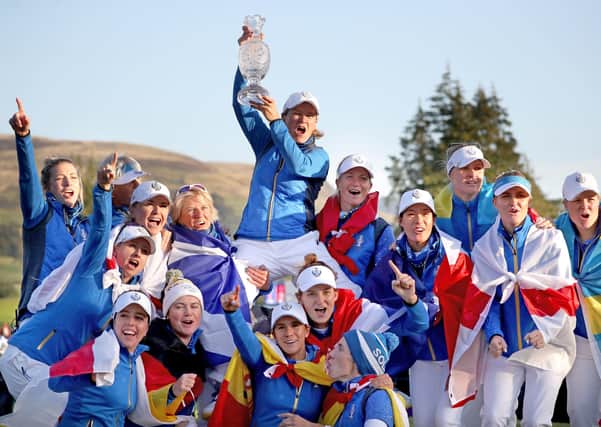 Triumphant: Team Europe captain Catriona Matthew (top) celebrates with her team and the trophy after winning the 2019 Solheim Cup at Gleneagles Golf Club, Auchterarder. Picture: Jane Barlow/PA