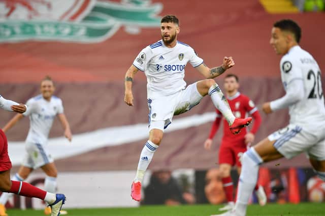 Leeds United's Mateusz Klich: Scoring his side's third goal of the game during the Premier League match at Anfield. Picture: PA