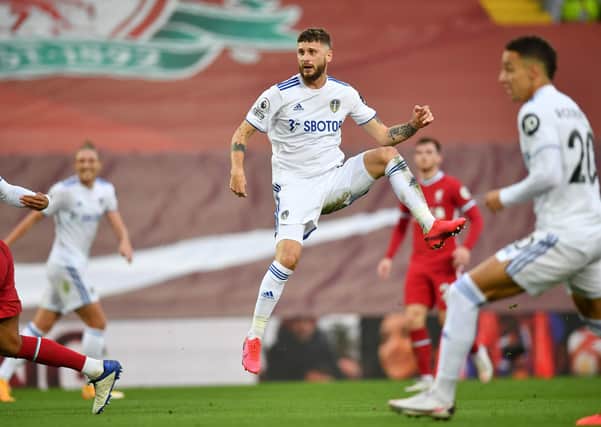 Leeds United's Mateusz Klich: Scoring his side's third goal of the game during the Premier League match at Anfield. Picture: PA