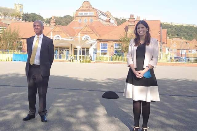 Pictured Minister Michelle Donelan (right), with Sir Martin Narey (left), chair of the North Yorkshire Coast Opportunity Area Partnership Board, during Ms Donelan's trip to the region yesterday (17 September 2020).