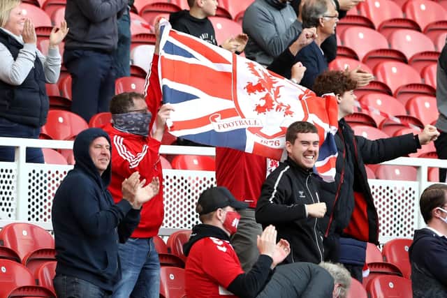 Middlesbrough fans celebrate after Marcus Browne scores.