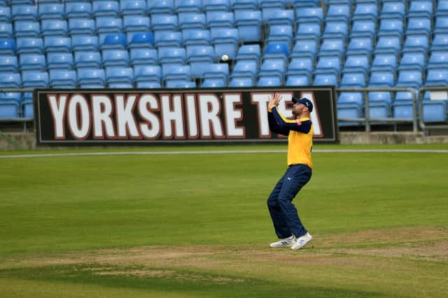 Out: Vikings' William Fraine catches Derbyshire's Alex Hughes.  Picture: Jonathan Gawthorpe