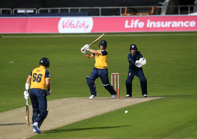 Bigh hit: Yorkshire's Jordan Thompson hits out against the Falcons. Picture: Jonathan Gawthorpe