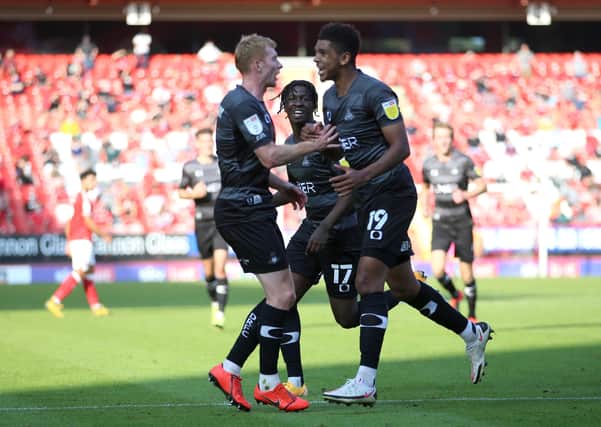 Tyreece John-Jules of Doncaster Rovers celebrates after he scores. (Photo by James Chance/Getty Images)