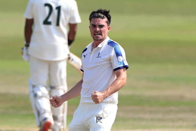 Yorkshire's Jordan Thompson celebrates taking the wicket of Nottinghamshire's Matthew Carter (Picture: PA)