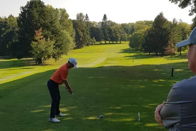 Aaron Fox tees off from the 10th at Rotherham Golf Club on the 2020protour.Picture: Nick Westby.