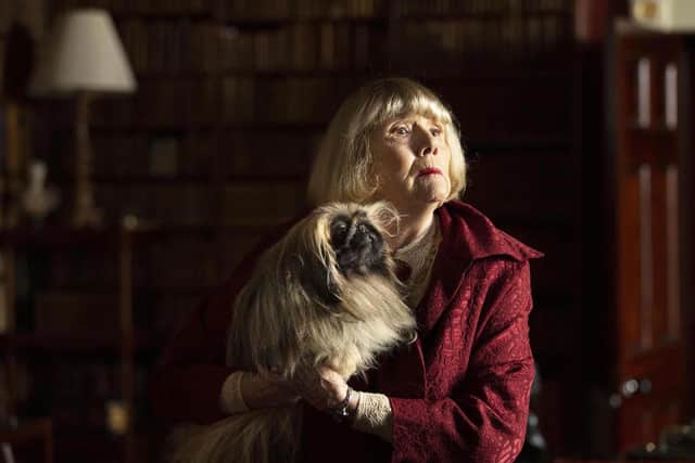 Mrs Pumphrey (the late Dame Diana Rigg) and Tricki-Woo in All Creatures Great and Small. Credit: Playground Television (UK) Ltd and photographer Ed Miller.