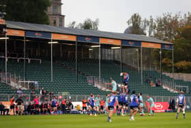 Play in front of empty stands during the Gallagher Premiership match at the Recreation Ground, Bath. .