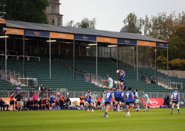 Play in front of empty stands during the Gallagher Premiership match at the Recreation Ground, Bath. .